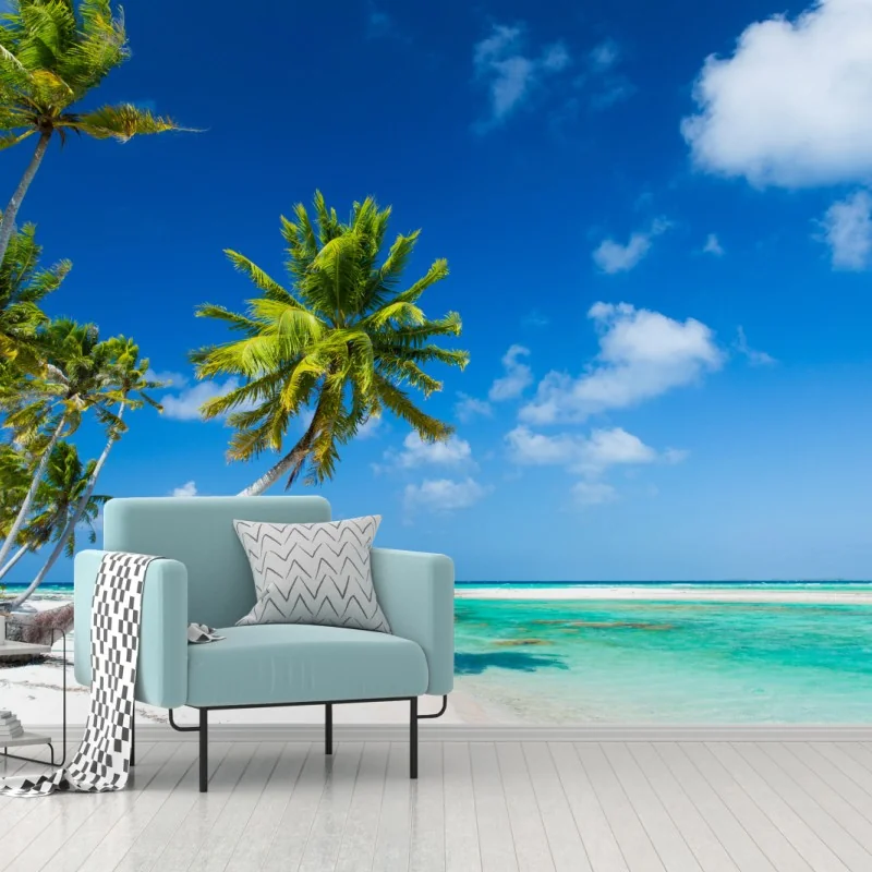 Fototapeta tropikalna plaża z palmami i turkusową wodą – Wallissimo® Fototapeta tropikalna plaża z palmami i turkusową wodą – Wallissimo®