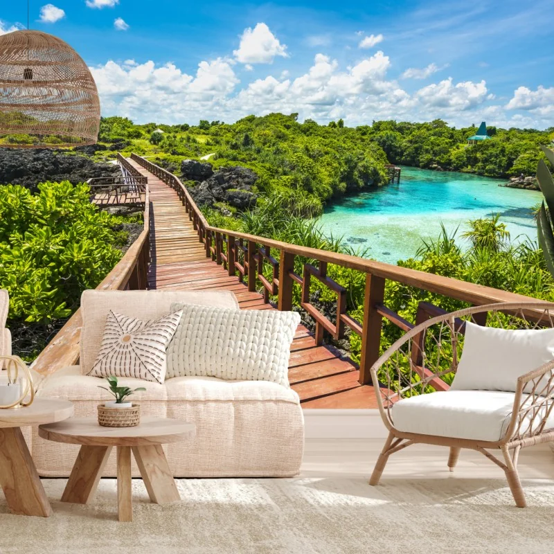 Fototapeta tropikalna drewniana kładka nad turkusową laguną – Wallissimo® Fototapeta tropikalna drewniana kładka nad turkusową laguną – Wallissimo®