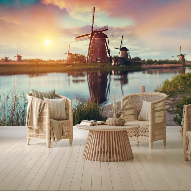Fototapeta zachód słońca nad wiatrakami w Holandii – Wallissimo® Fototapeta zachód słońca nad wiatrakami w Holandii – Wallissimo®