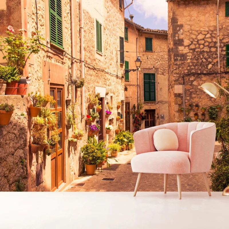 Fototapeta słoneczna uliczka śródziemnomorska z doniczkami – Wallissimo® Fototapeta słoneczna uliczka śródziemnomorska z doniczkami – Wallissimo®