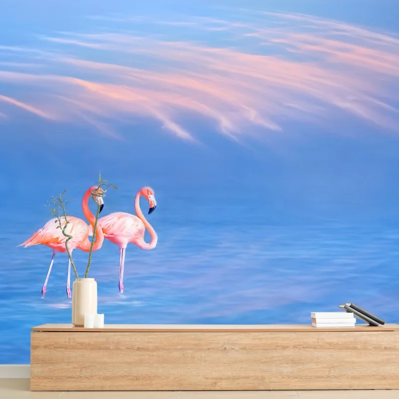 Fototapeta różowe flamingi na pastelowych wodach – Wallissimo® Fototapeta różowe flamingi na pastelowych wodach – Wallissimo®