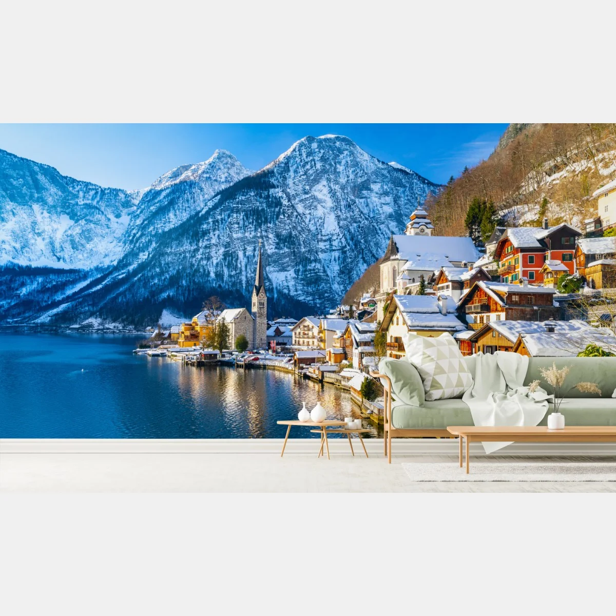 Fototapeta zimowy spokój w Hallstatt — alpejska wioska nad jeziorem – Wallissimo® Fototapeta zimowy spokój w Hallstatt — alpejska wioska nad jeziorem – Wallissimo®