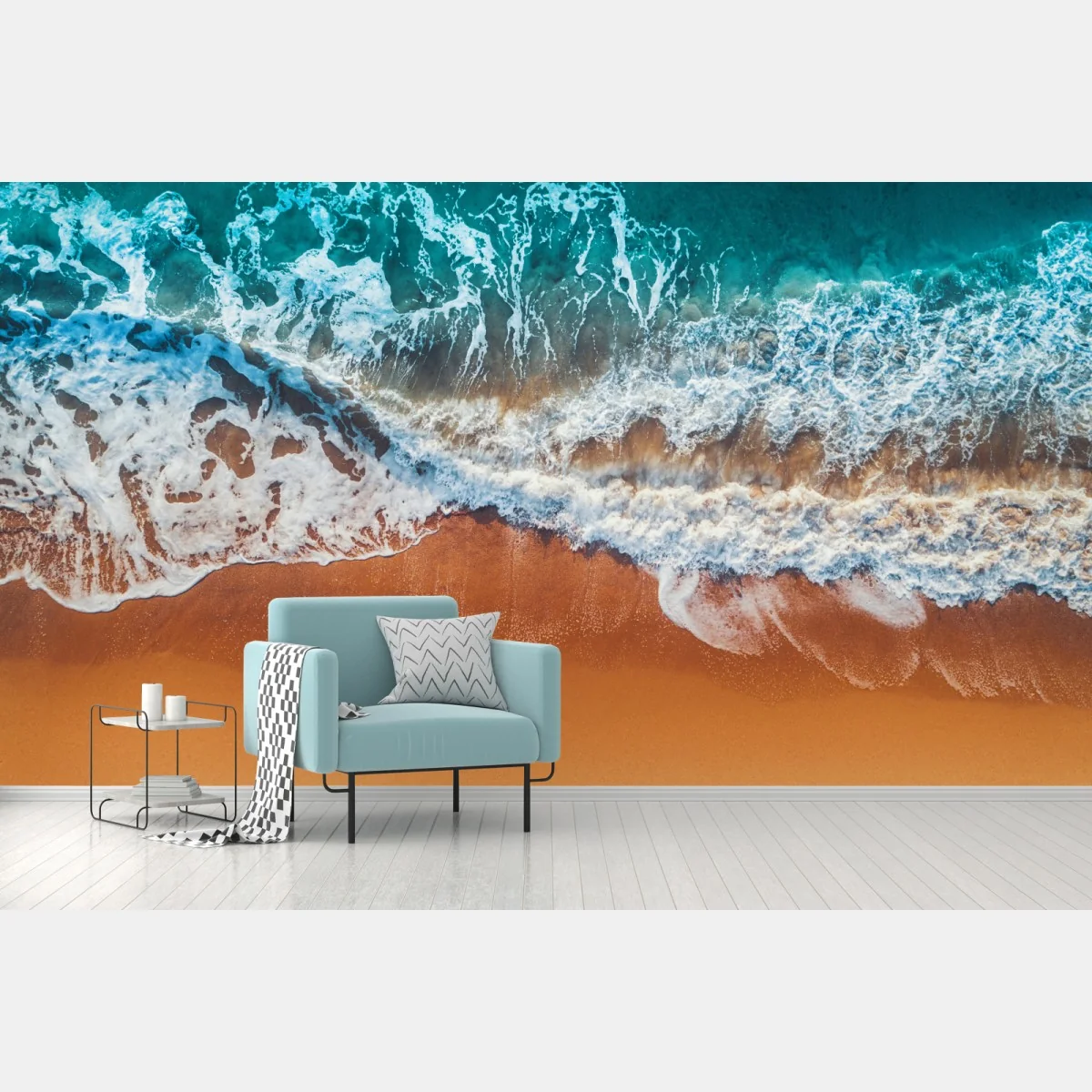 Fototapeta lotnicze ujęcie turkusowych fal na piaszczystej plaży – Wallissimo® Fototapeta lotnicze ujęcie turkusowych fal na piaszczystej plaży – Wallissimo®