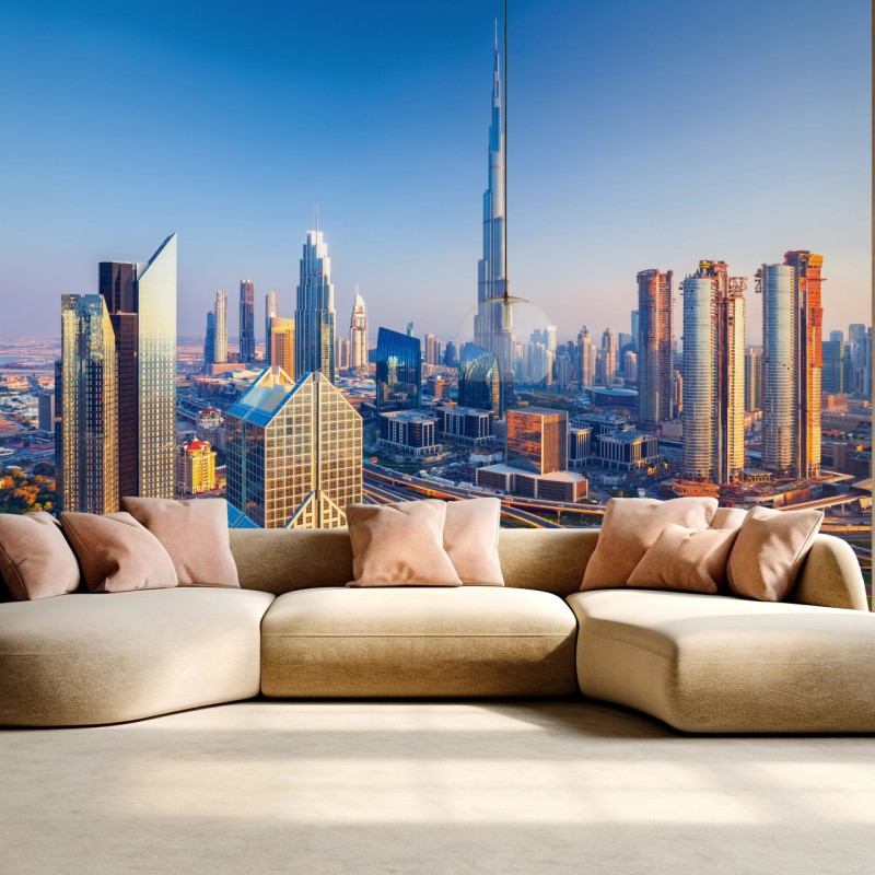 Fototapeta panorama Dubaju z Burj Khalifa o zachodzie słońca – Wallissimo® Fototapeta panorama Dubaju z Burj Khalifa o zachodzie słońca – Wallissimo®