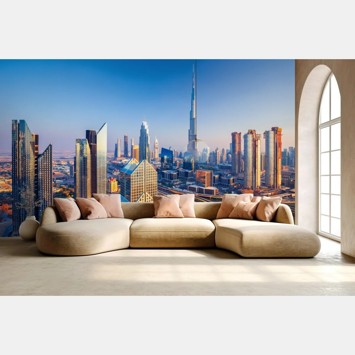 Fototapeta panorama Dubaju z Burj Khalifa o zachodzie słońca – Wallissimo® Fototapeta panorama Dubaju z Burj Khalifa o zachodzie słońca – Wallissimo®