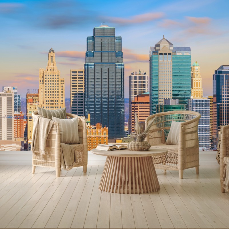 Fototapeta panorama Kansas City o zachodzie słońca – Wallissimo® Fototapeta panorama Kansas City o zachodzie słońca – Wallissimo®