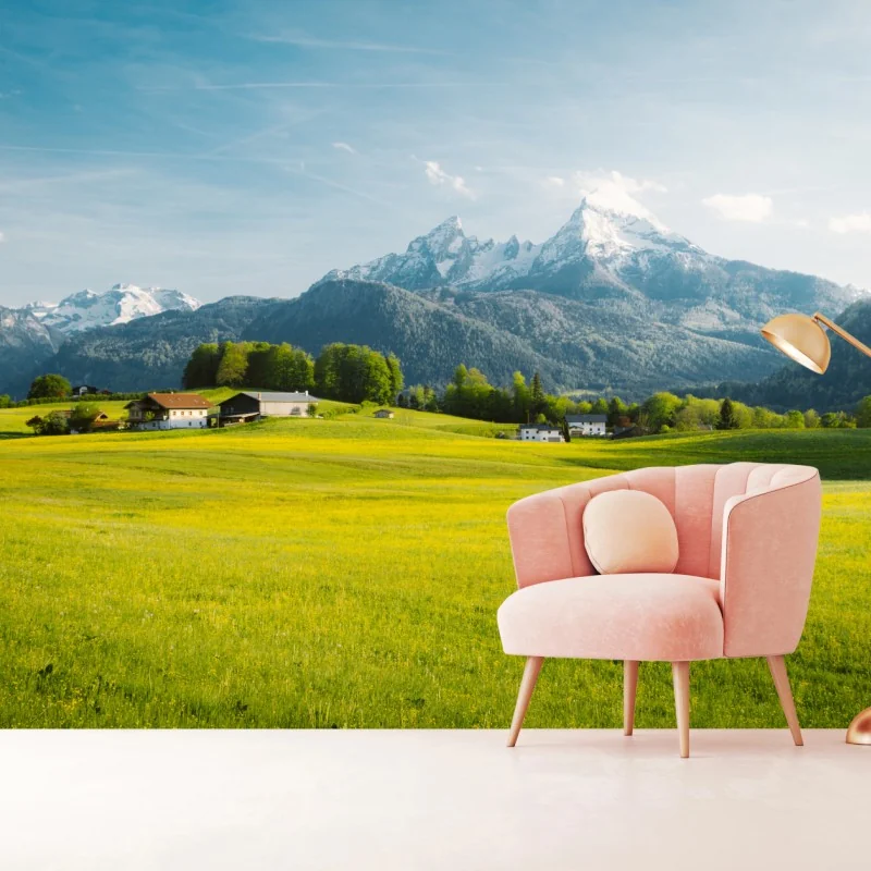 Fototapeta alpejska łąka pod ośnieżonymi szczytami – Wallissimo® Fototapeta alpejska łąka pod ośnieżonymi szczytami – Wallissimo®
