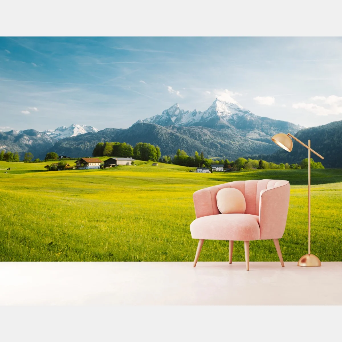 Fototapeta alpejska łąka pod ośnieżonymi szczytami – Wallissimo® Fototapeta alpejska łąka pod ośnieżonymi szczytami – Wallissimo®