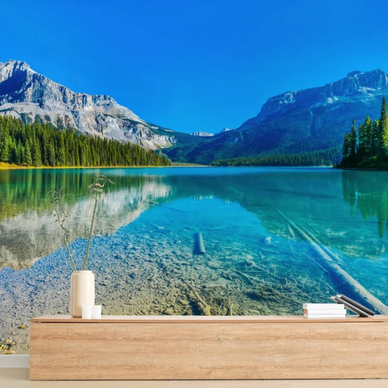 Fototapeta turkusowe alpejskie jezioro z odbiciami gór – Wallissimo® Fototapeta turkusowe alpejskie jezioro z odbiciami gór – Wallissimo®