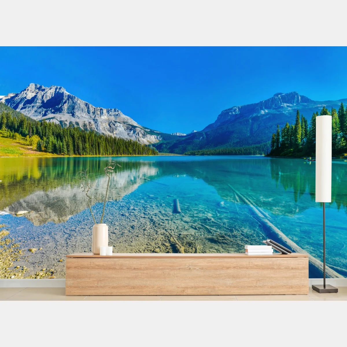 Fototapeta turkusowe alpejskie jezioro z odbiciami gór – Wallissimo® Fototapeta turkusowe alpejskie jezioro z odbiciami gór – Wallissimo®