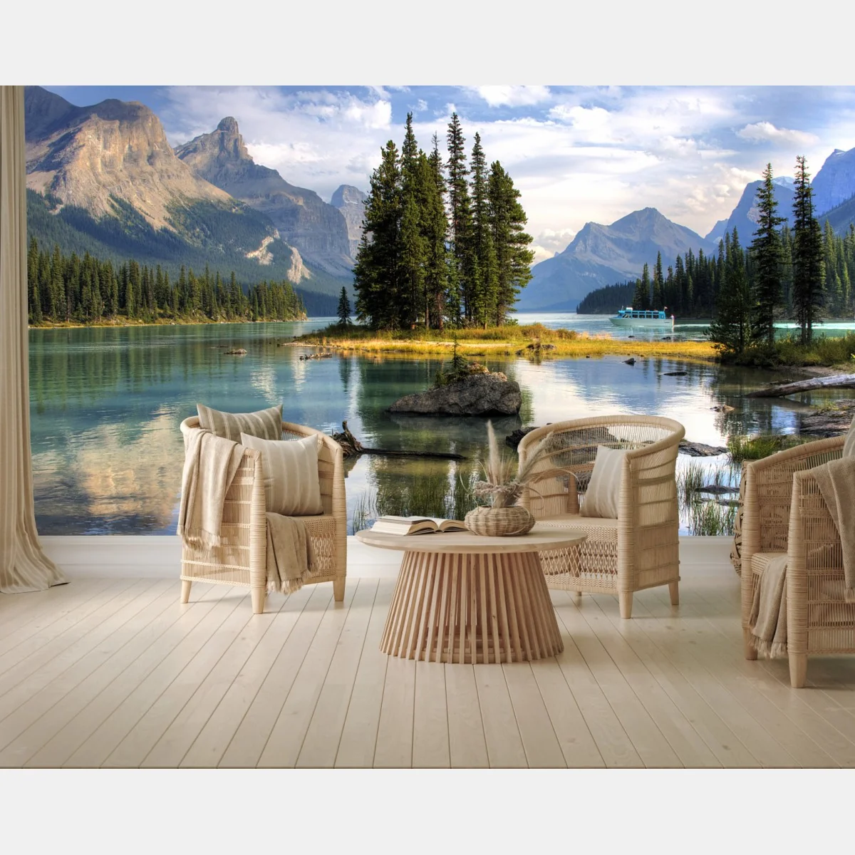 Fototapeta spokojne jezioro alpejskie z wyspą i górami – Wallissimo® Fototapeta spokojne jezioro alpejskie z wyspą i górami – Wallissimo®