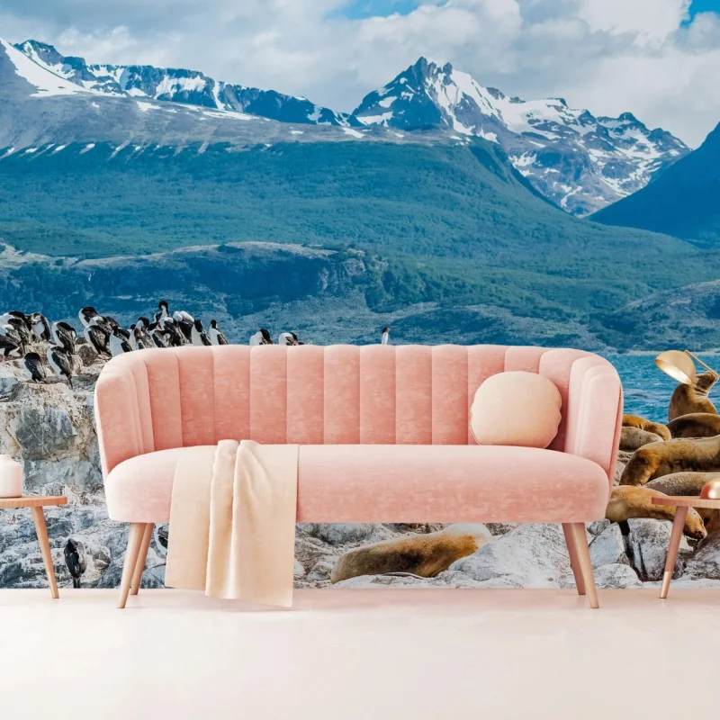 Fototapeta lwy morskie i ptaki na skalistym wybrzeżu – Wallissimo® Fototapeta lwy morskie i ptaki na skalistym wybrzeżu – Wallissimo®