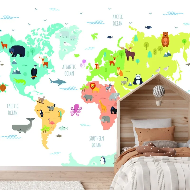 Fototapeta ilustrowana mapa świata ze zwierzętami – Wallissimo® Fototapeta ilustrowana mapa świata ze zwierzętami – Wallissimo®