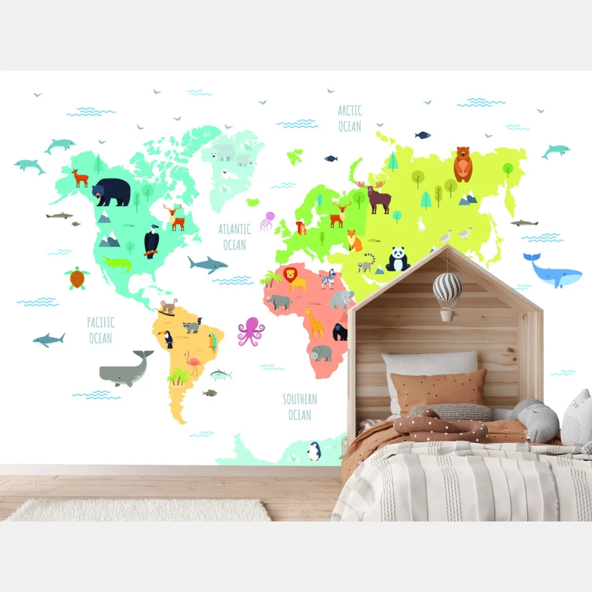 Fototapeta ilustrowana mapa świata ze zwierzętami – Wallissimo® Fototapeta ilustrowana mapa świata ze zwierzętami – Wallissimo®