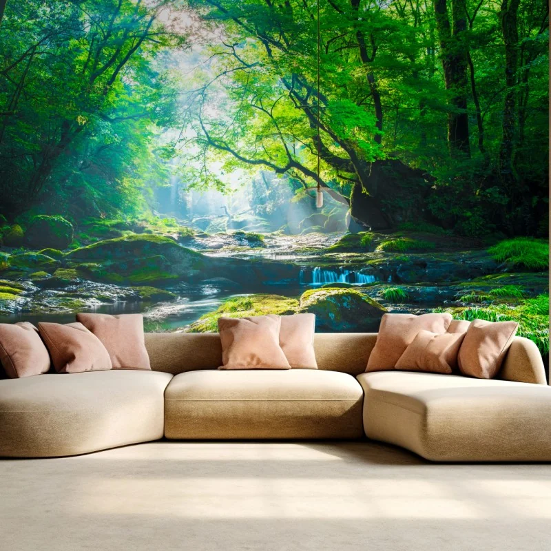 Fototapeta słoneczny leśny strumień z mchem – Wallissimo® Fototapeta słoneczny leśny strumień z mchem – Wallissimo®