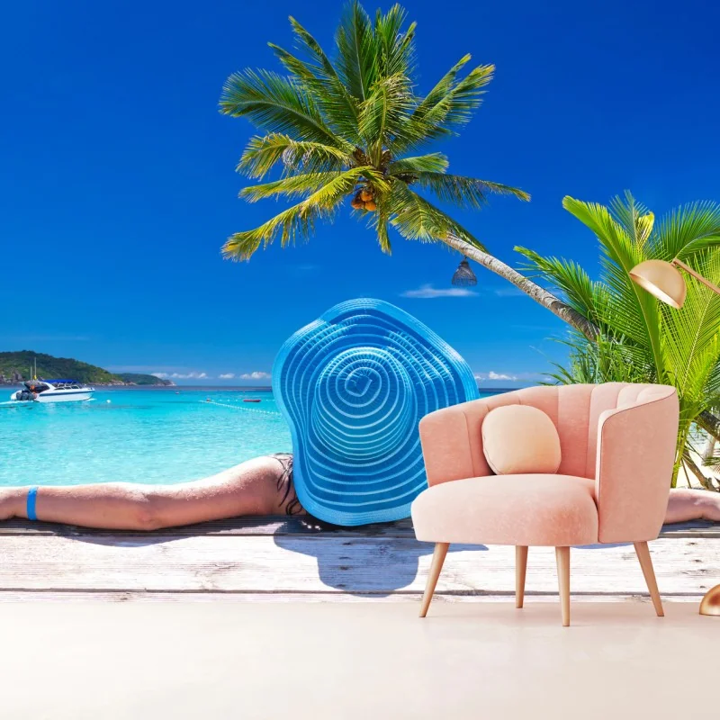 Fototapeta tropikalna plaża z niebieskim kapeluszem – Wallissimo®
