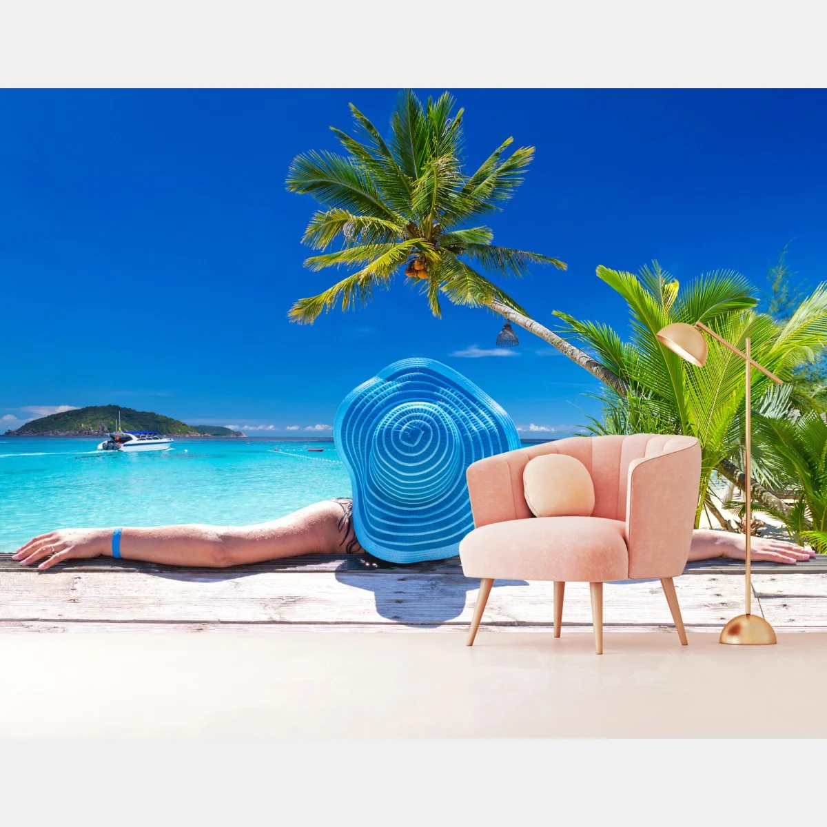 Fototapeta tropikalna plaża z niebieskim kapeluszem – Wallissimo®