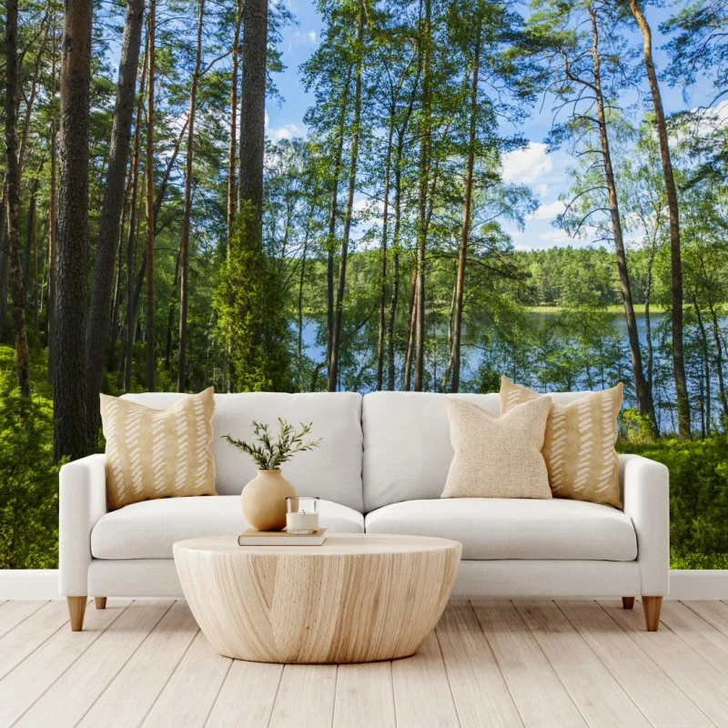 Fototapeta spokojny las sosnowy nad jeziorem – Wallissimo® Fototapeta spokojny las sosnowy nad jeziorem – Wallissimo®