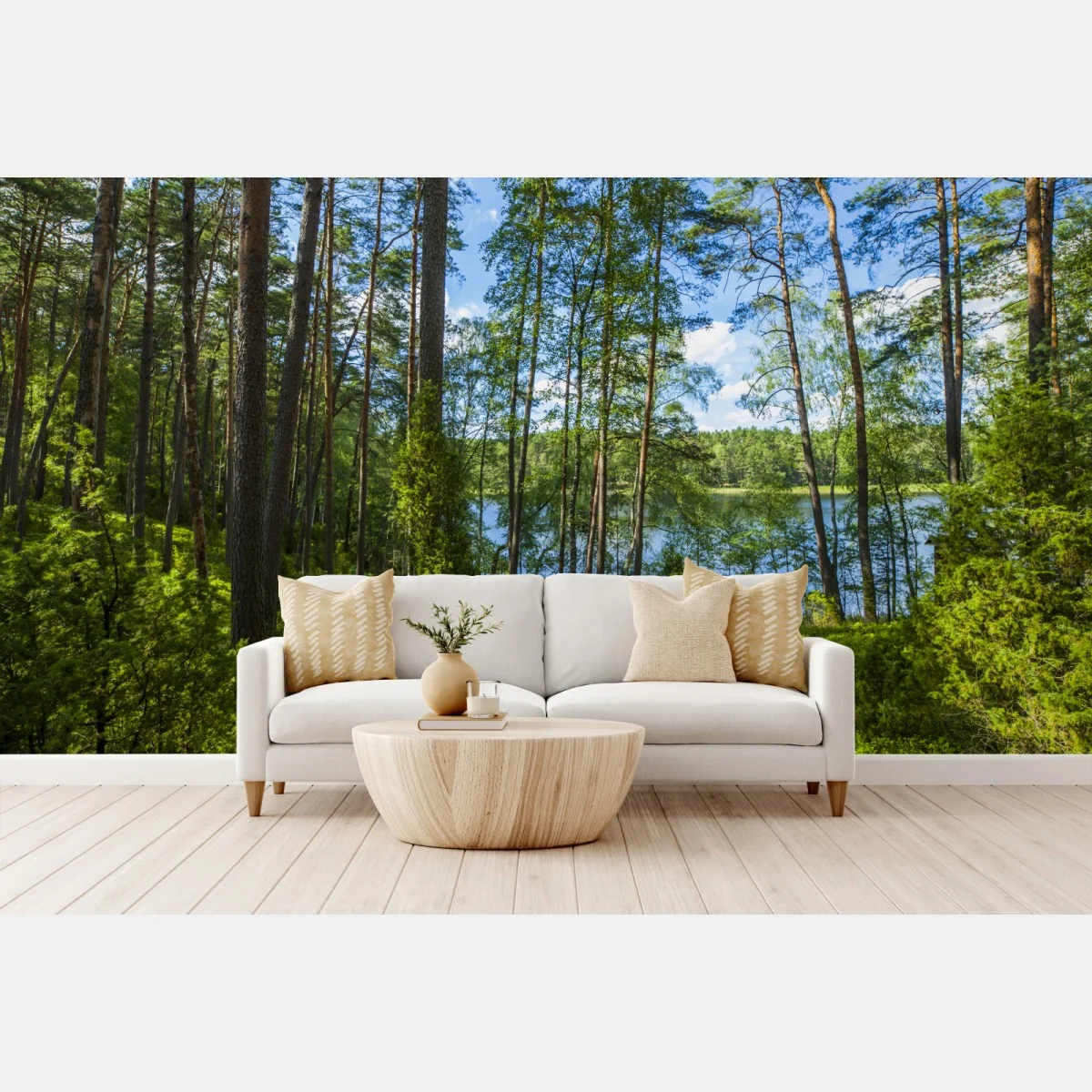 Fototapeta spokojny las sosnowy nad jeziorem – Wallissimo® Fototapeta spokojny las sosnowy nad jeziorem – Wallissimo®