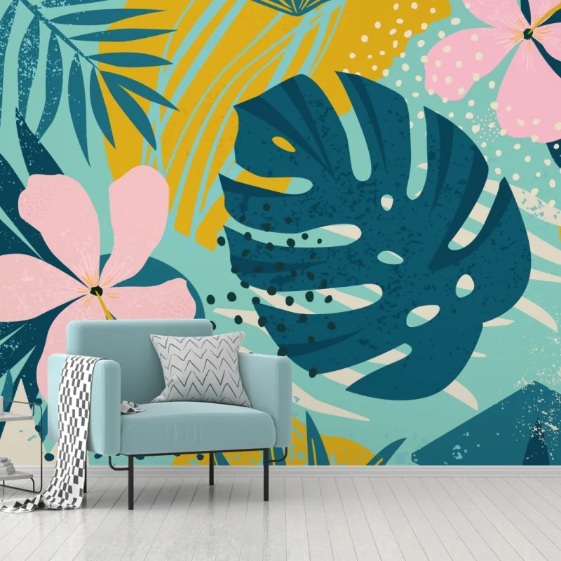 Fototapeta tropikalne liście i kwiaty – Wallissimo® Fototapeta tropikalne liście i kwiaty – Wallissimo®