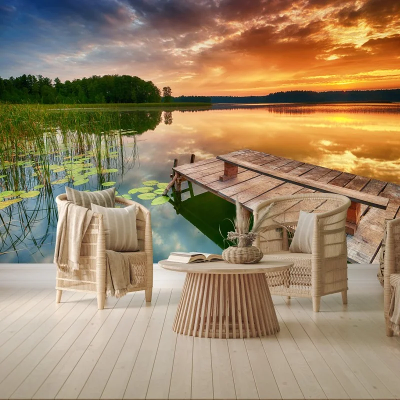 Fototapeta złoty wschód słońca nad spokojnym jeziorem – Wallissimo® Fototapeta złoty wschód słońca nad spokojnym jeziorem – Wallissimo®