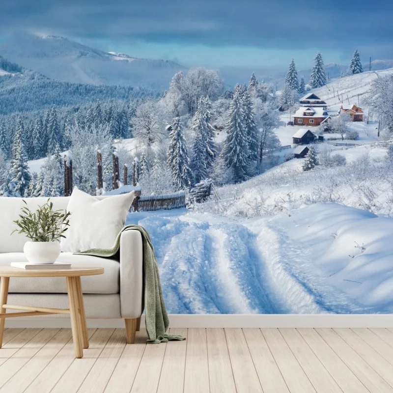 Fototapeta zimowa ścieżka do alpejskiej wioski – Wallissimo® Fototapeta zimowa ścieżka do alpejskiej wioski – Wallissimo®