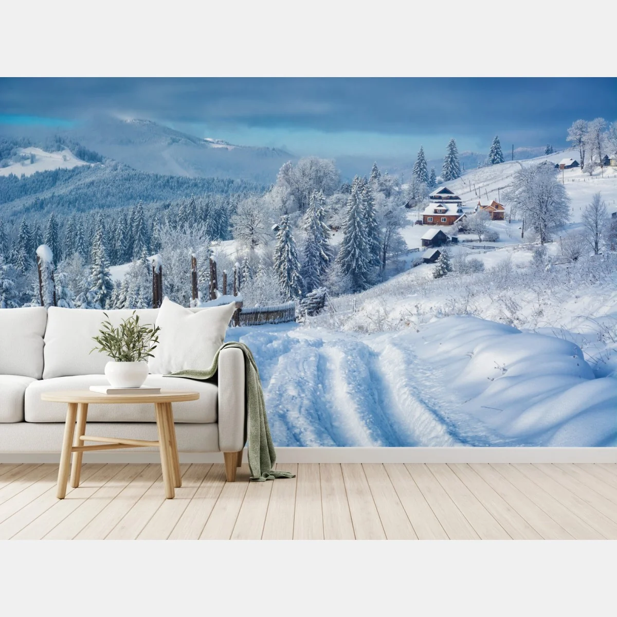 Fototapeta zimowa ścieżka do alpejskiej wioski – Wallissimo® Fototapeta zimowa ścieżka do alpejskiej wioski – Wallissimo®