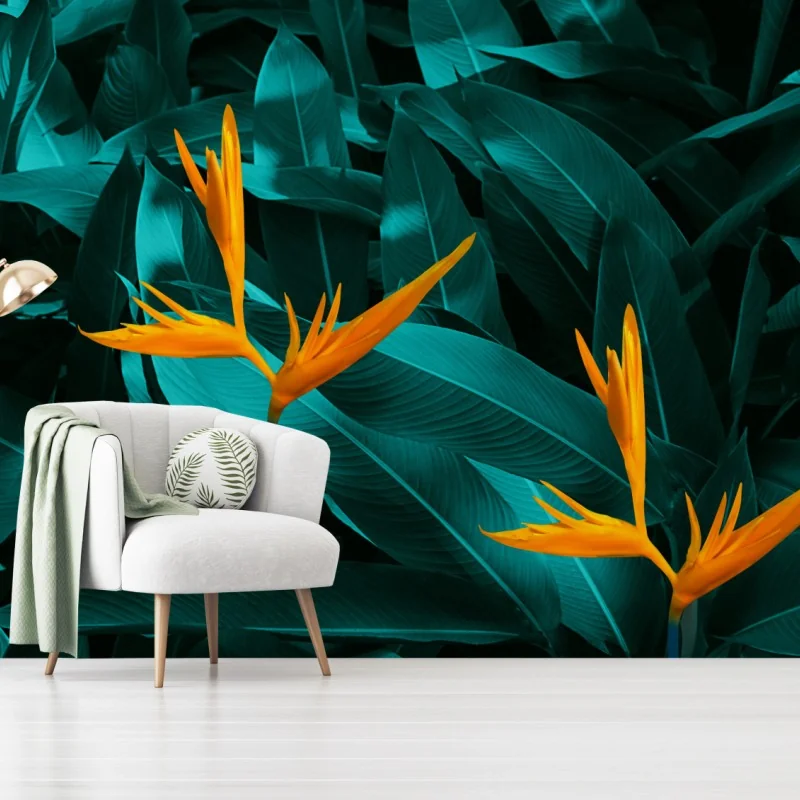 Fototapeta tropikalna strelicja na turkusowych liściach – Wallissimo® Fototapeta tropikalna strelicja na turkusowych liściach – Wallissimo®