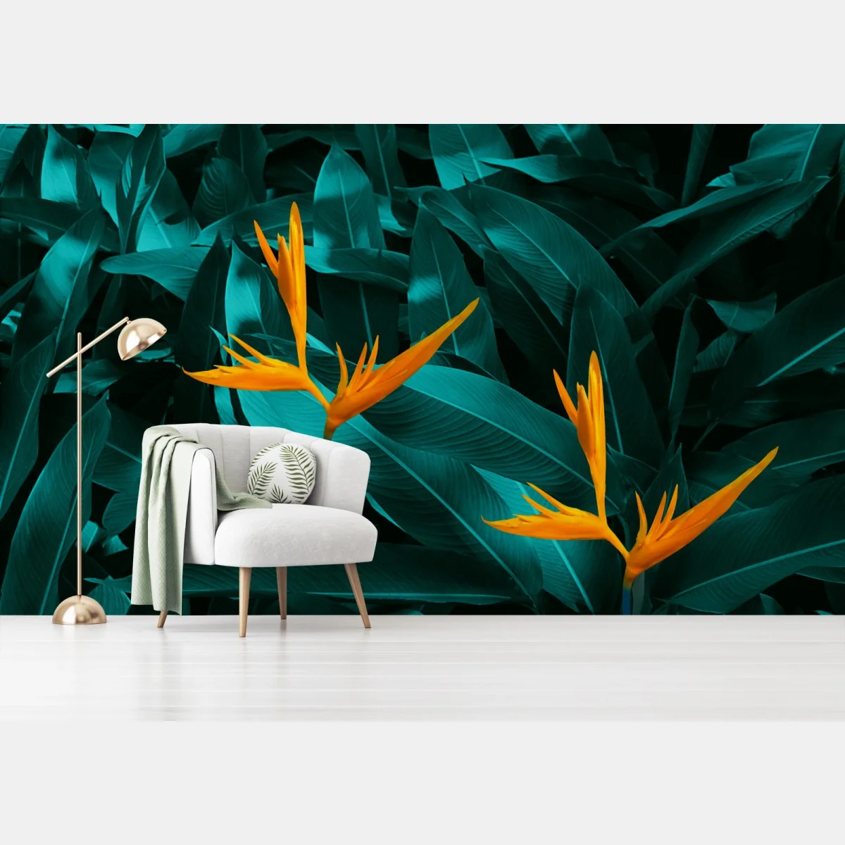 Fototapeta tropikalna strelicja na turkusowych liściach – Wallissimo® Fototapeta tropikalna strelicja na turkusowych liściach – Wallissimo®