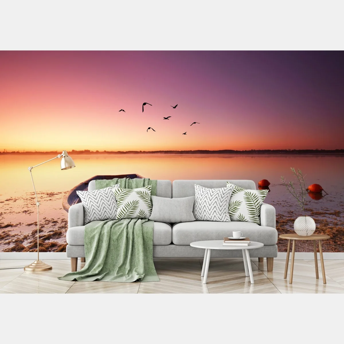 Fototapeta spokojna łódź o zmierzchu nad jeziorem – Wallissimo® Fototapeta spokojna łódź o zmierzchu nad jeziorem – Wallissimo®