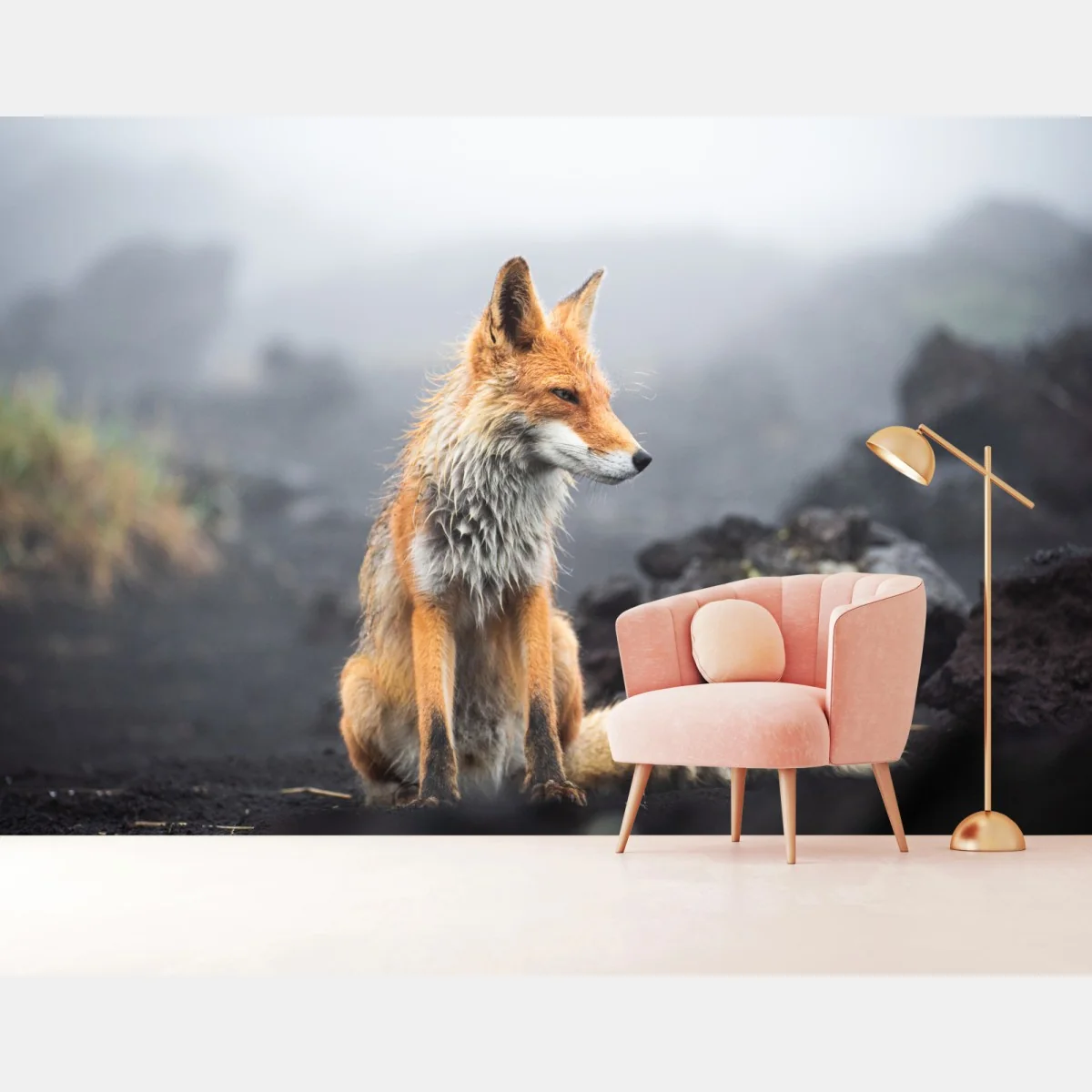 Fototapeta rudy lis w mglistym krajobrazie – Wallissimo® Fototapeta rudy lis w mglistym krajobrazie – Wallissimo®