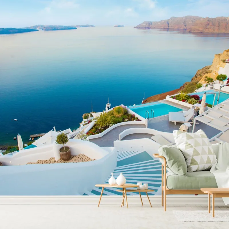 Fototapeta Santorini widok na morze z tarasu – Wallissimo® Fototapeta Santorini widok na morze z tarasu – Wallissimo®