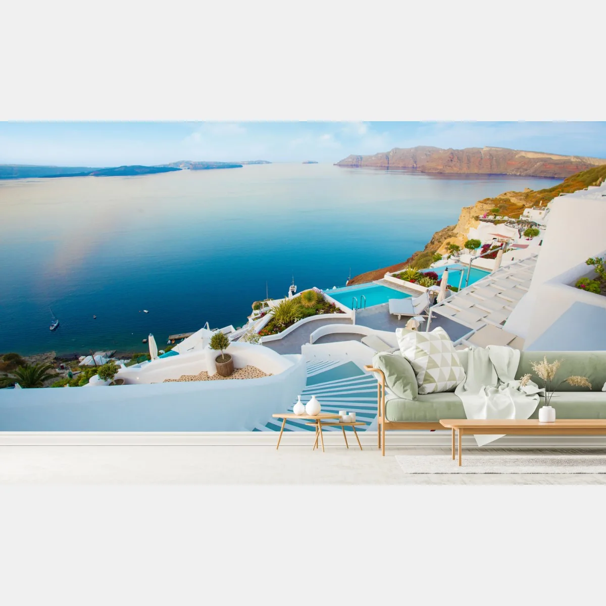 Fototapeta Santorini widok na morze z tarasu – Wallissimo® Fototapeta Santorini widok na morze z tarasu – Wallissimo®