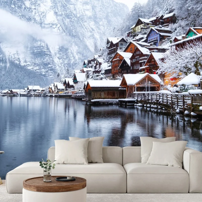 Fototapeta śnieżna wieś Hallstatt nad jeziorem – Wallissimo® Fototapeta śnieżna wieś Hallstatt nad jeziorem – Wallissimo®