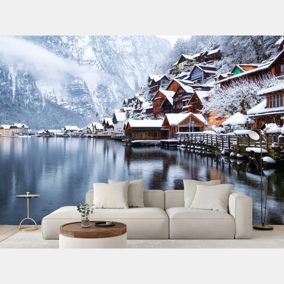 Fototapeta śnieżna wieś Hallstatt nad jeziorem – Wallissimo® Fototapeta śnieżna wieś Hallstatt nad jeziorem – Wallissimo®