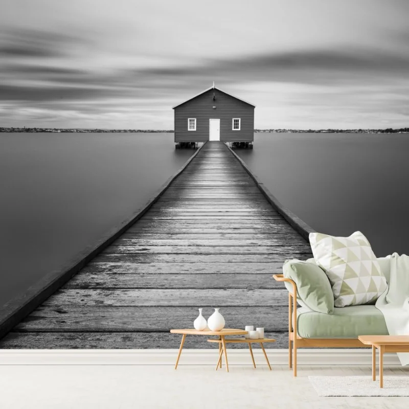 Fototapeta samotny domek na pomoście nad spokojną wodą – Wallissimo® Fototapeta samotny domek na pomoście nad spokojną wodą – Wallissimo®