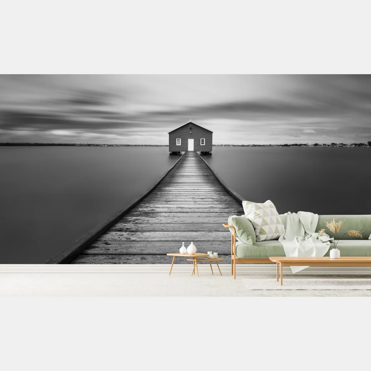 Fototapeta samotny domek na pomoście nad spokojną wodą – Wallissimo® Fototapeta samotny domek na pomoście nad spokojną wodą – Wallissimo®