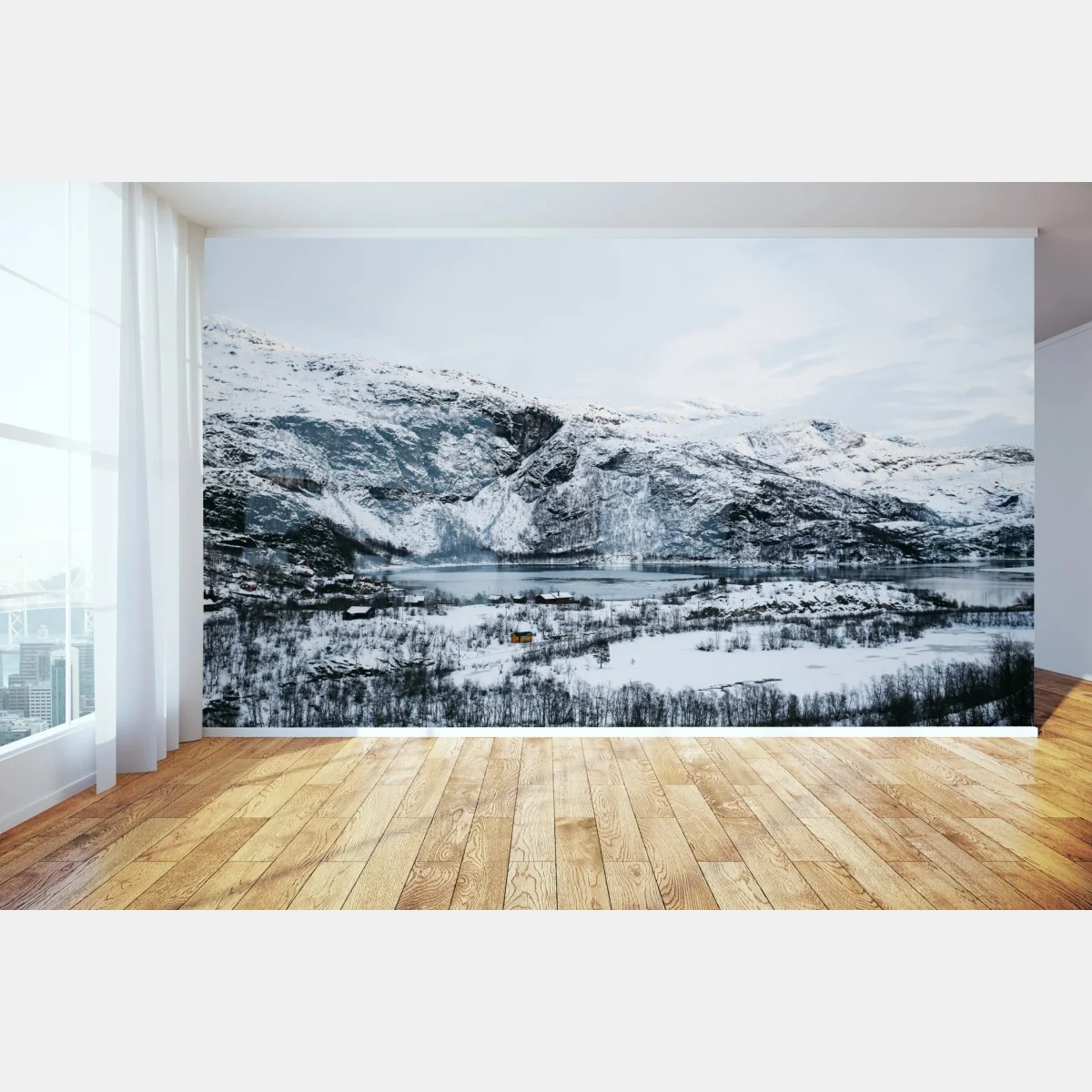 Fototapeta spokojny zimowy pejzaż górski nad zamarzniętym jeziorem – Wallissimo® Fototapeta spokojny zimowy pejzaż górski nad zamarzniętym jeziorem – Wallissimo®