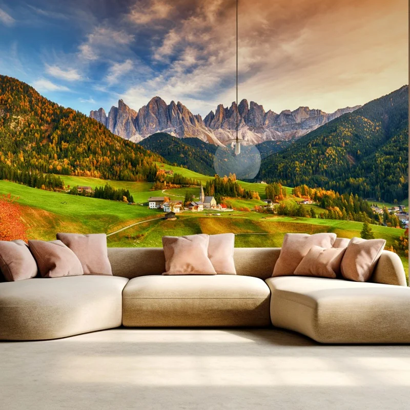 Fototapeta jesienny zachód słońca nad Santa Maddalena, Dolomity – Wallissimo® Fototapeta jesienny zachód słońca nad Santa Maddalena, Dolomity – Wallissimo®