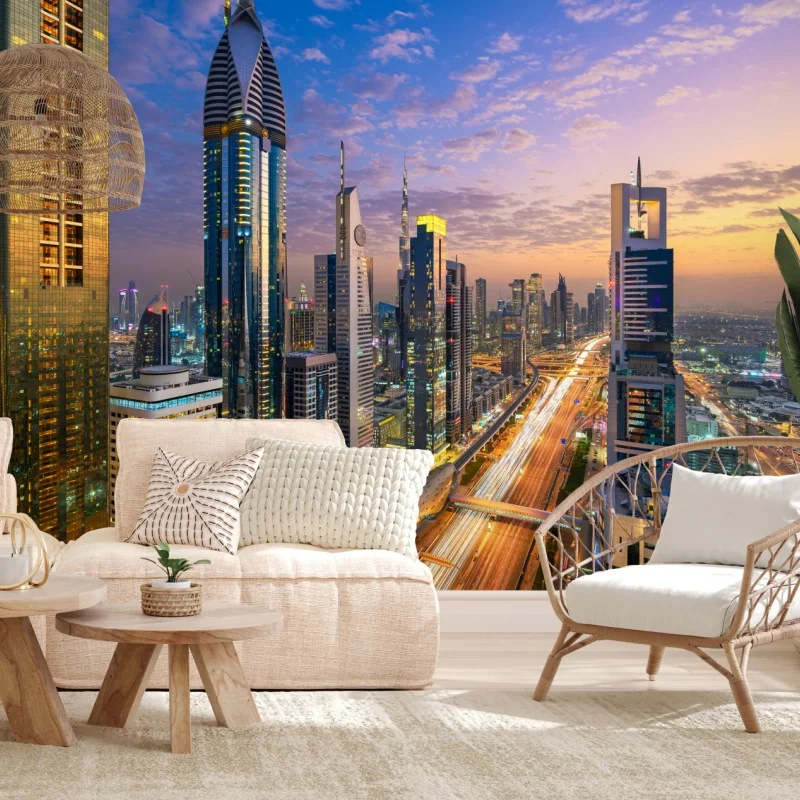 Fototapeta panorama Dubaju o zmierzchu – Wallissimo® Fototapeta panorama Dubaju o zmierzchu – Wallissimo®
