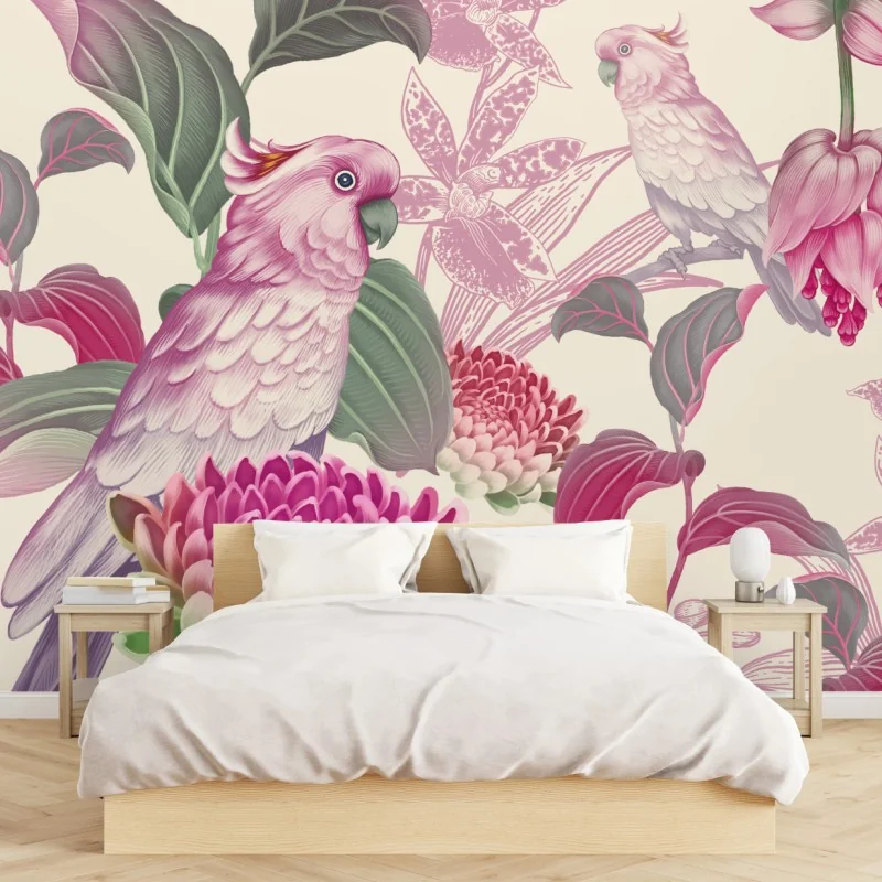 Fototapeta różowa papuga i chryzantema - botaniczny motyw – Wallissimo® Fototapeta różowa papuga i chryzantema - botaniczny motyw – Wallissimo®
