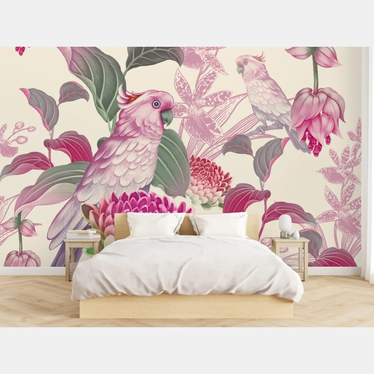 Fototapeta różowa papuga i chryzantema - botaniczny motyw – Wallissimo® Fototapeta różowa papuga i chryzantema - botaniczny motyw – Wallissimo®