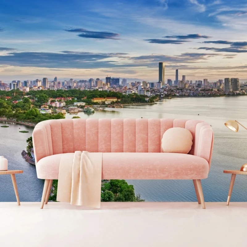 Fototapeta spokojna miejska panorama nad jeziorem – Wallissimo® Fototapeta spokojna miejska panorama nad jeziorem – Wallissimo®