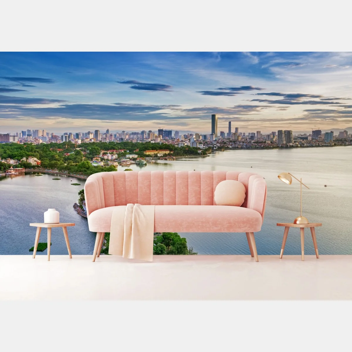 Fototapeta spokojna miejska panorama nad jeziorem – Wallissimo® Fototapeta spokojna miejska panorama nad jeziorem – Wallissimo®