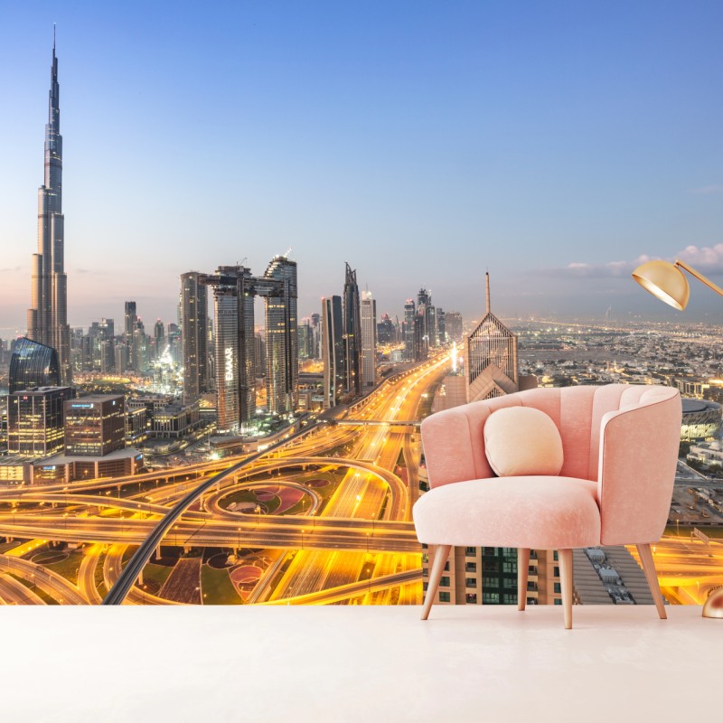 Fototapeta panorama Dubaju o zmierzchu – Wallissimo® Fototapeta panorama Dubaju o zmierzchu – Wallissimo®