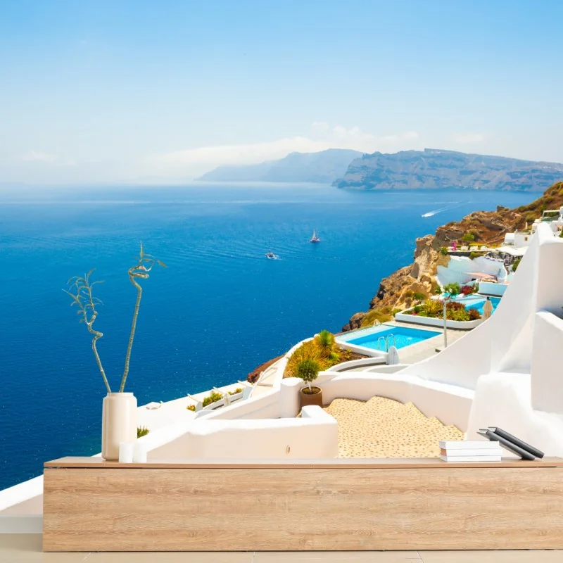Fototapeta Santorini widok na wybrzeże z białą architekturą – Wallissimo® Fototapeta Santorini widok na wybrzeże z białą architekturą – Wallissimo®