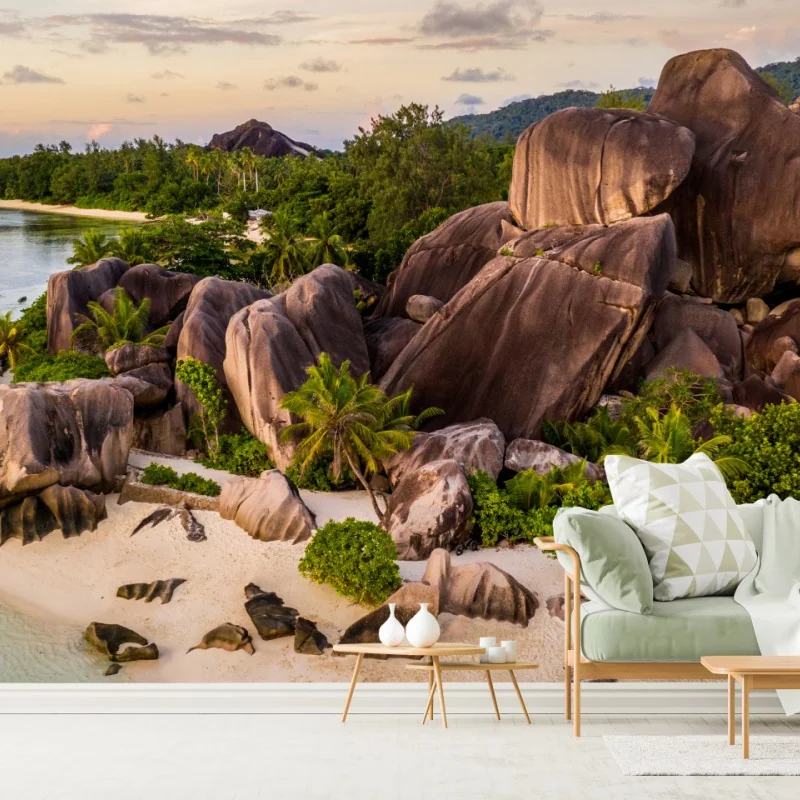 Fototapeta Anse d'Argent tropikalna plaża z granitowymi głazami – Wallissimo® Fototapeta Anse d'Argent tropikalna plaża z granitowymi głazami – Wallissimo®