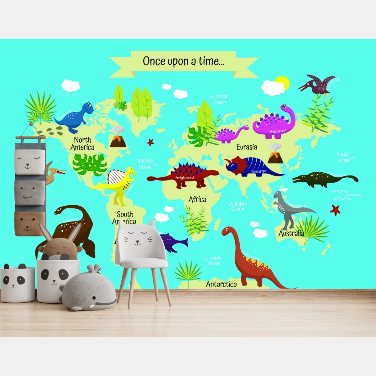 Fototapeta kolorowa mapa świata z dinozaurami – Wallissimo® Fototapeta kolorowa mapa świata z dinozaurami – Wallissimo®