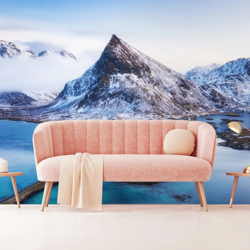 Fototapeta Lofoty most i góra z lotu ptaka – Wallissimo® Fototapeta Lofoty most i góra z lotu ptaka – Wallissimo®