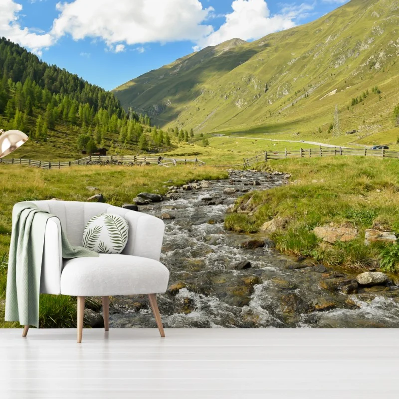 Fototapeta alpejski strumień w słonecznej dolinie – Wallissimo® Fototapeta alpejski strumień w słonecznej dolinie – Wallissimo®